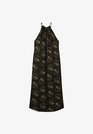 Czarna sukienka bez rękawów z marszczonym dekoltem, ozdobiona wyrazistymi kremowymi okrągłymi wzorami, wykonana z lekkiego materiału, o luźnym kroju.