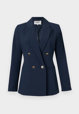 Námořnicky modré dvouřadé sako se zlatými knoflíky, výstřihem s klopami, dlouhými rukávy a dvěma předními kapsami se rozparky.