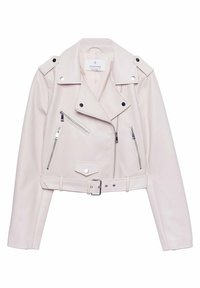 Gekürzte Motorradjacke aus weichem, pinkem Kunstleder. Ausgestattet mit silbernen Reißverschlüssen, Druckknopfakzenten und einem taillierten Gürtel.