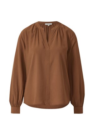 Bruine blouse met lange mouwen van gladde stof, met een V-halslijn en geplooide details op de schouders, voorzien van een licht gebogen zoom en manchetten.