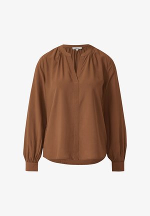 Bruine blouse met lange mouwen van gladde stof, met een V-halslijn en geplooide details op de schouders, voorzien van een licht gebogen zoom en manchetten.