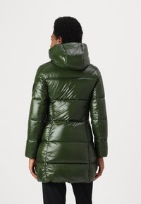 Grön glänsande pufferjacka med huva, med en quiltad design, långa ärmar och en något avsmalnande midja för en strukturerad silhuett.