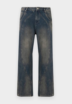 Denim wijde jeans in donkere was met vervaagde verticale naden, afgeronde zakken en een knoopsluiting. Heeft een gestructureerde afwerking.
