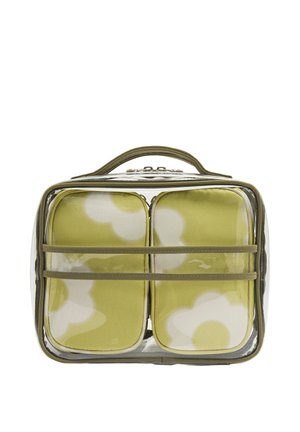 Przezroczysta prostokątna torba z oliwkowo-zielonym obszyciem, zawierająca dwa miękkie woreczki z białym i żółtym kwiatowym wzorem oraz górny uchwyt do przenoszenia.