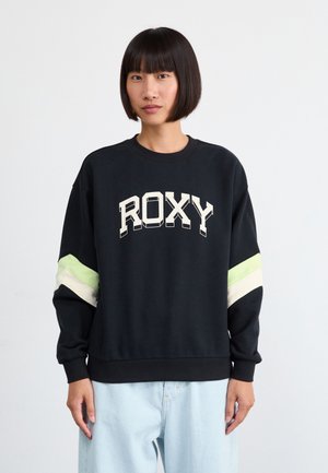 Schwarzer Sweatshirt mit "ROXY" in Weiß, versehen mit grünen und hellgrauen horizontalen Streifen an den Ärmeln sowie einem gerippten Bund und Saum.