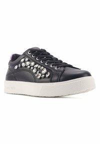 Black leather sneaker with rhinestone embellishments on the side, rounded toe, and white textured rubber sole. Laces are black.