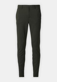Donkergroene, slim-fit broek gemaakt van gladde stof. Voorzien van een gulp met rits en knoopsluiting, zakken aan de voorkant en een getailleerd ontwerp.