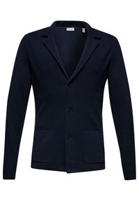 Navy blue cardigan with a blazer design, featuring a notched collar, three buttons, two front pockets, and a soft fabric texture.