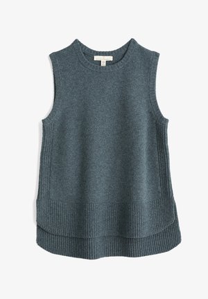 Bez rękawów sweter w ciemnym odcieniu zieleni morskiej, wykonany z miękkiej dzianiny. Posiada prążkowany dół i boczne akcenty, luźny krój oraz zaokrąglony dekolt.
