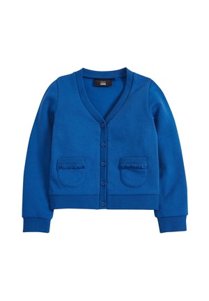 Cardigan bleu à manches longues avec boutons, col en V et deux poches avant ornées de petits détails en volants.
