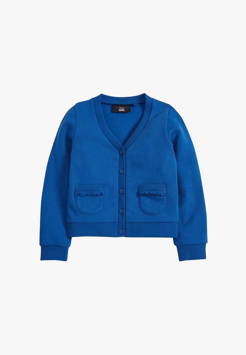 Cardigan bleu à manches longues avec boutons, col en V et deux poches avant ornées de petits détails en volants.
