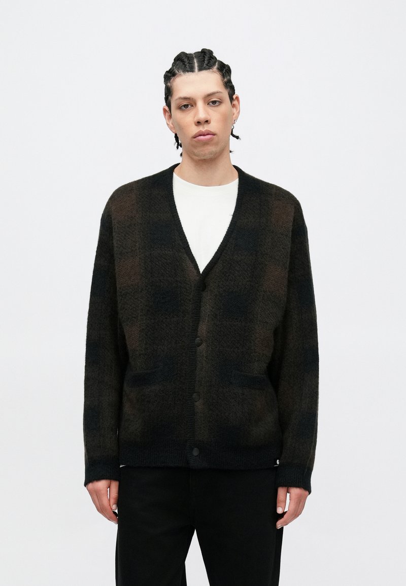 Checkered wool cardigan in dark hues with a v-neck, front buttons, and two pockets. Textured fabric with a relaxed fit.