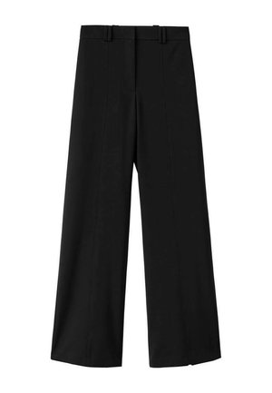 Pantalones de pierna ancha negros con un tejido suave, cinturilla estructurada y dos líneas de pliegue en la parte delantera, que ofrecen una apariencia ajustada.
