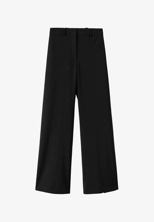 Pantalones de pierna ancha negros con un tejido suave, cinturilla estructurada y dos líneas de pliegue en la parte delantera, que ofrecen una apariencia ajustada.
