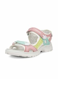 Colorful sandal with pink, green, and white leather straps, adjustable Velcro closure, cushioned footbed, and a white rubber outsole.