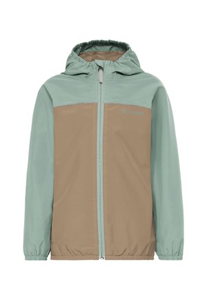 Giacca a vento con cappuccio bicolore, zip frontale completa, polsini elasticizzati e logo "Vaude" sul petto superiore.