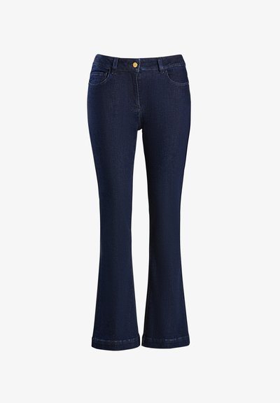 Tummansiniset leveälahkeiset farkut, jotka on valmistettu denimistä ja joissa on klassinen viiden taskun muotoilu, hienovaraiset ompeluyksityiskohdat sekä kullanvärinen nappikiinnitys vyötäröllä.