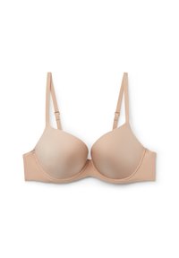 Beige vadderad bh med justerbara band, slät tyg och stöd med byglar. Klassisk design med sömlösa kupor för en strömlinjeformad look.