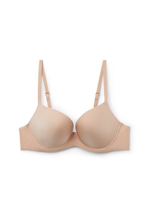 Beżowy stanik poduszka z regulowanymi ramiączkami, gładkiego materiału i wsparciem w postaci fiszbin. Klasyczny design z bezszwowymi miseczkami dla uzyskania eleganckiego wyglądu.