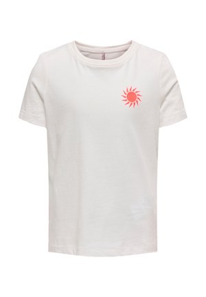 White short-sleeve t-shirt with a small red sun graphic on the left chest and a round neckline.