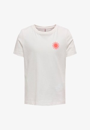 White short-sleeve t-shirt with a small red sun graphic on the left chest and a round neckline.