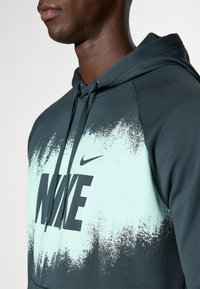 Ciemnozielona bluza z kapturem z gradientowym wzorem w miętowym i czarnym kolorze. Posiada duże czarne logo "NIKE" oraz sznurki do regulacji kaptura. Gładka tekstura.