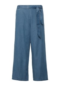 Lichtblauwe denim wijde broek met een gestrikte riem in de taille en een gladde textuur. Heeft een ontspannen pasvorm en rechte snit.