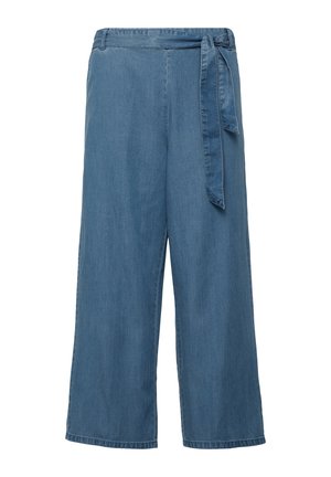 Helle blaue Jeans-Breitbeinhosen mit einem gebundenen Gürtel in der Taille und einer glatten Textur. Bieten eine lockere Passform und einen geraden Schnitt.