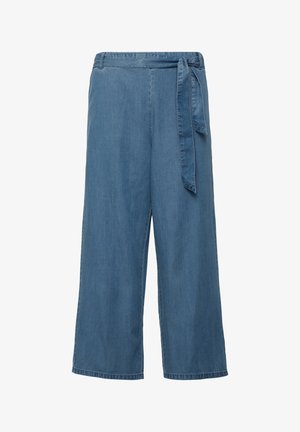 Light blue denim wide-leg trousers with a tied belt at the waist and a smooth texture. Features a relaxed fit and straight cut.