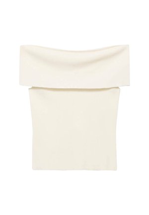 Off-the-shoulder witte top gemaakt van een glad, elastisch materiaal; heeft een brede halslijn en een aangesloten silhouet.