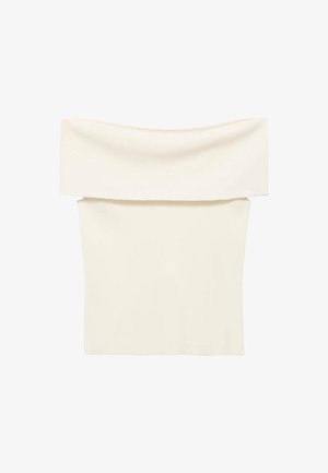 Biely top bez ramienok vyrobený z hladkého, elastického materiálu; má široký výstrih a priliehavý strih.