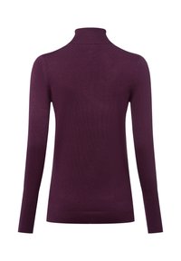 Sweter z golfem w głębokim fioletowym kolorze, z długimi rękawami, dopasowanym krojem i prążkowaną strukturą. Gładkie wykończenie materiału.