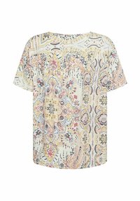 Krátký rukáv blůza z lehkého materiálu s vícebarevným paisley a květinovým vzorem na krémovém pozadí, s volným střihem.