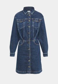 Jeanshemdkleid in Dunkelblau mit durchgehender Knopfleiste, spitzem Kragen, langen Ärmeln, Brusttaschen und leicht tailliertem Schnitt.