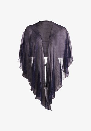 Châle transparent de couleur violet foncé avec une texture plissée, un drapé fluide, une ouverture à l'avant et des manches accentuées en forme de cape. Design minimaliste.