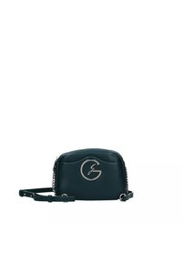 Borsa a tracolla in pelle verde scuro con forma arrotondata, con accento del logo argento e una tracolla removibile con dettagli in catena.