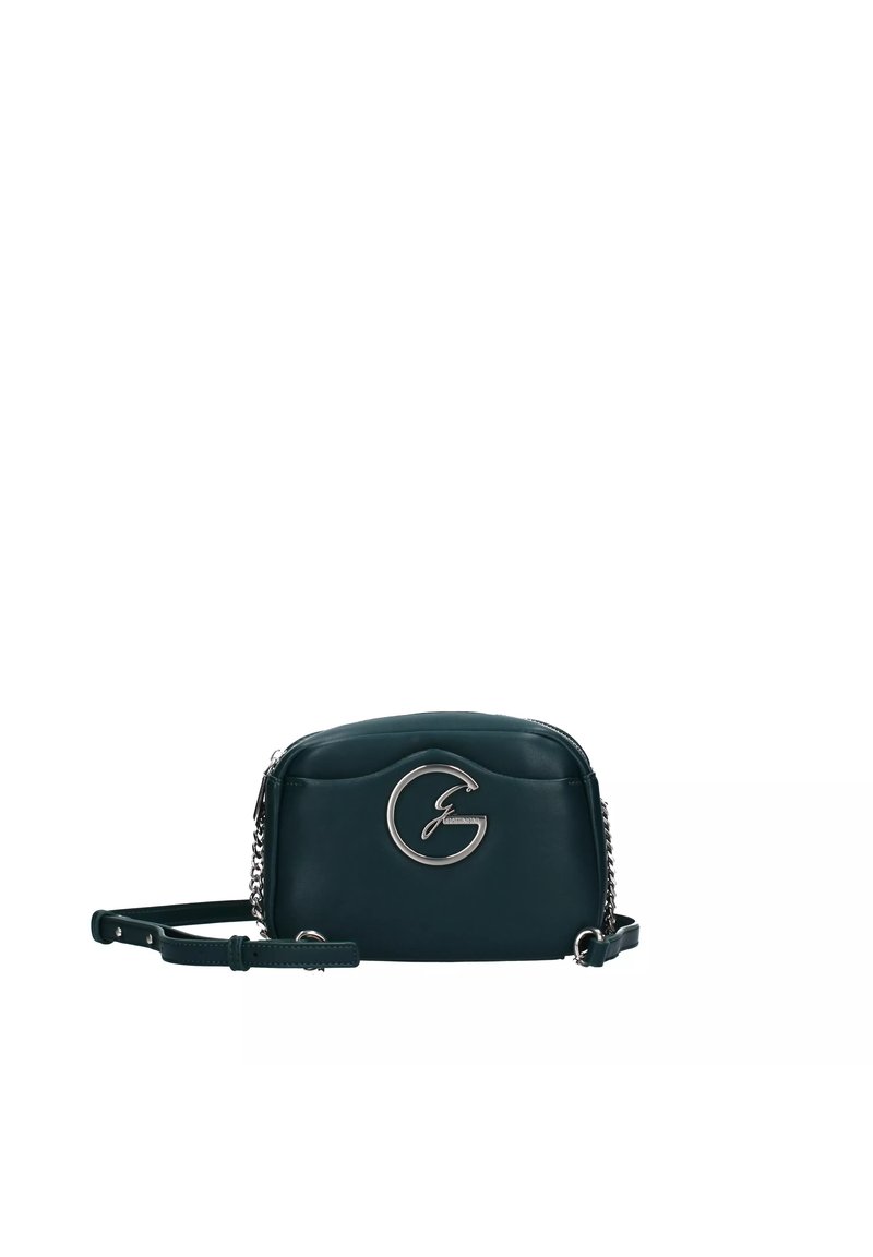 Borsa a tracolla in pelle verde scuro con forma arrotondata, con accento del logo argento e una tracolla removibile con dettagli in catena.