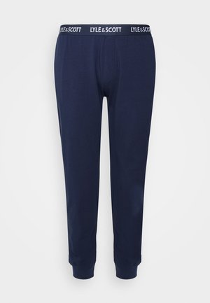 Calças de jogging de algodão azul-marinho com um design ajustado, apresentando uma faixa elástica contrastante na cintura com o texto "LYLE & SCOTT" e punhos canelados nos tornozelos.