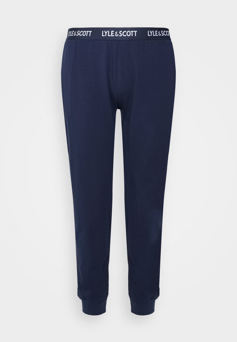 Calças de jogging de algodão azul-marinho com um design ajustado, apresentando uma faixa elástica contrastante na cintura com o texto "LYLE & SCOTT" e punhos canelados nos tornozelos.