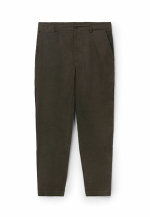 Donkergroene olijfgroene rechte broek met zijzakken, riemlussen en een knoopsluiting in de taille.