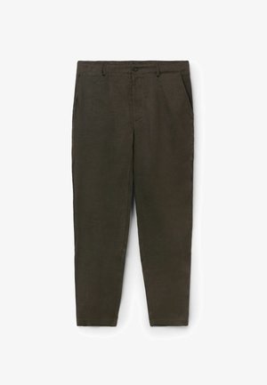 Donkergroene olijfgroene rechte broek met zijzakken, riemlussen en een knoopsluiting in de taille.