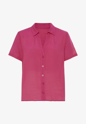 Kortærmet, kravebutton-up skjorte i et livligt pink linned. Har en let gennemsigtig tekstur med en knaplukning fortil og en afslappet pasform.