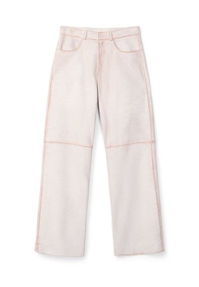 Wide-leg trousers made of soft, light pink fabric with subtle texture. Features front pockets and contrasting stitching along the seams.