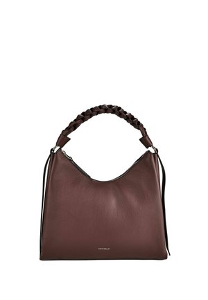 Borsa a mano in pelle marrone scuro con manico intrecciato e cerniera argentata, taglia media, forma rettangolare, piccolo logo centrato vicino alla base.