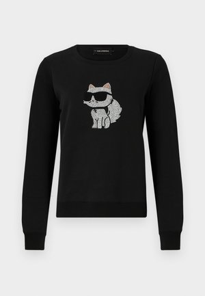 Schwarzer Sweatshirt mit einem Katzenmotiv aus Strasssteinen, die Sonnenbrillen trägt. Der Halsausschnitt ist im Crew-Stil gehalten, mit gerippten Bündchen an den Ärmeln.