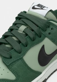 Zöld sportcipők sima és nubuk anyagok keverékével, fekete Nike logóval, fűzőkkel és fehér nyelvjelzéssel.