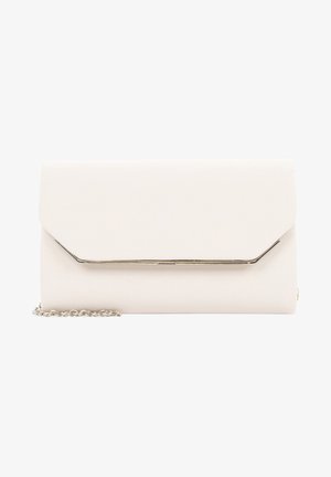 Witte rechthoekige clutch met een zilveren metalen stangdetail en een klein zilveren kettinkje aan de zijkant bevestigd.