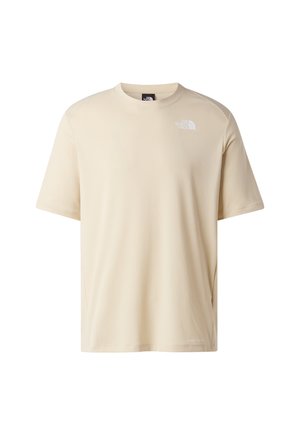 Beige short-sleeve crew neck T-shirt with small white "The North Face" logo on the left chest.