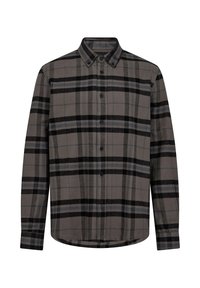 Camicia a maniche lunghe in flanella di colore grigio con motivo a quadri neri e blu. Presenta un collo classico.