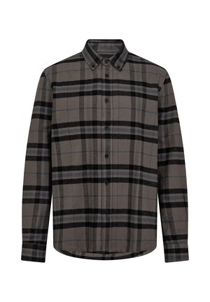 Skjorta med knappar gjord av flanelltyg i grått med svart och blå rutmönster. Har klassisk krage och långa ärmar.
